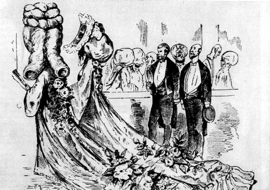3. «Журнал амюзан» (Journal amusant), Париж, 1868 г. Карикатура на высокие парики и длинные шлейфы времен Наполеона III, которые окончательно искажали естетственные пропорции