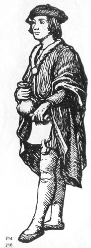 214. Купец. Немецкая гравюра XV века. Короткий плащ, отороченный мехом, достигает колен; костюм дополнен штанами в обтяжку и беретом. 