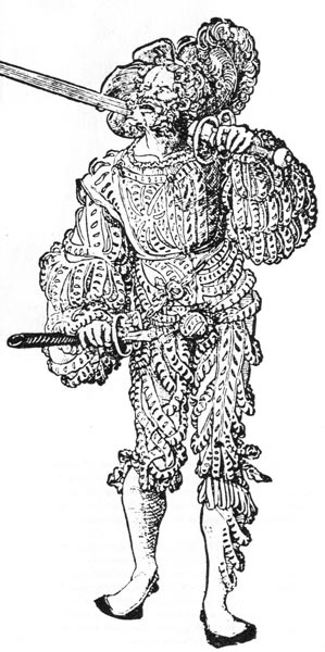 219. Петер Флётнер, Ландскнехт. Гравюра на дереве. Для «моды разрезов» XVI века типична эта одежда ландскнехта; к этому наряду полагался большой берет с перьями. 