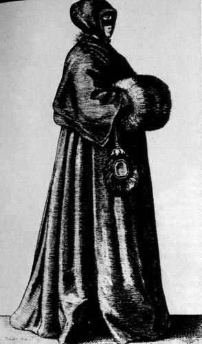 267. Дама с капюшоном и муфтой. Около 1640 г. У дамы на глазах маска, очень популярная в то время; она одета в плащ с капюшоном, за поясом у неё веер, руки - в меховой муфте. 