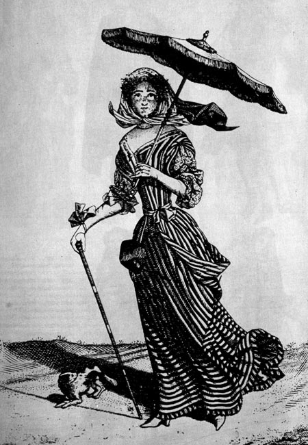 279. Ж. Д. де Сен-Жан, Дама на прогулке. Гравюра Выходное полосатое платье, легкий платок на голове, зонтик. 