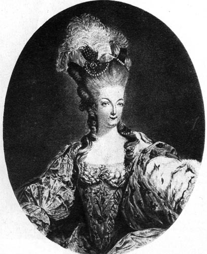 314. Жан Франсуа Жанинэ, Мария Антуанетта. Гравюра, 1777 г.К выходному придворному туалету относилась и праздничная прическа с жемчугом, лентами и перьями. 