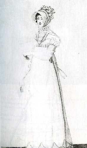 389. «Костюм паризьен», 1811 г. Выходное платье с итальянской соломенной шляпкой. Платье украшено жабо. 