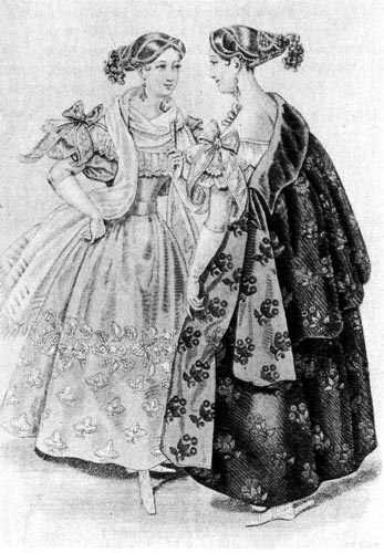 412. «Ла Мод» (La Mode), 1832 г. Прически, созданные М. Юло. Креповое платье с апликациями дополнено двусторонним пальто-накидкой. 