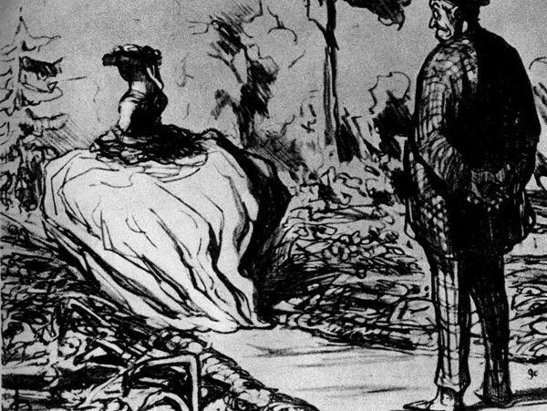 439. Оноре Домье, На злобу дня. Из юмористического журнала «Ле Шаривари» (Le Charivari), 1857г. «Лучше бы через сад прошел Ураган, чем этот противный кринолин». 