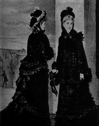 448. Из модного журнала,1875г. 3имние выходные платья имеют опять турнюры, они дополнены короткими жакетами, отделанными мехом. На обеих дамах шляпки, назыв. капот (capote)