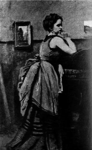 454. Камиль Коро, Дама в голубом. Лувр, Париж Голубое вечернее платье без рукавов отделано черными полосами, юбка с турнюром. 