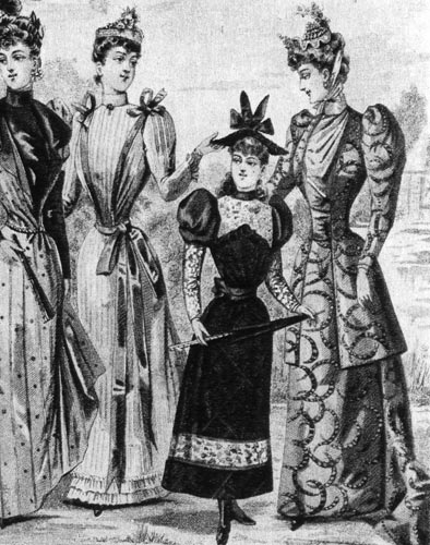 466. «Журнал де демуазель», 1892 г. Послеобеденные выходные платья подчеркивают стройность фигуры и шьются из разнообразных узорчатых тканей. 