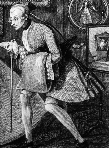 563. Уильям Хогарт. Вкус большего света. Карикатурное изображение фигуры в жюсокоре — камзоле с приподнятыми полами, в панталонах до колен и с чрезмерно длинной косой. 