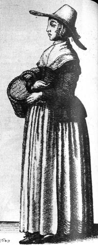 618. Вацлав Голлар, Английская горожанка. Гравюра на меди. Англичанка из среднего сословия носит под шляпой с широкими полями и конусообразной тульей чепец, закрывающий уши. 