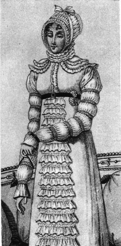 635. «Костюм паризьен», 1810 г. Чепец с лентой, завязанной наверху бантиком —дополнение к платьям а ля Нинон. 