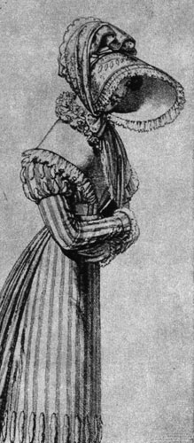 638. «Винер Моден» (Wiener Moden), 1821 г. Дамы носят декорированные кружевом шляпы «шуте» с широкими полями, платья с широким воротником который спускается до пояса, и с рукавами, расширенными в плечах. 
