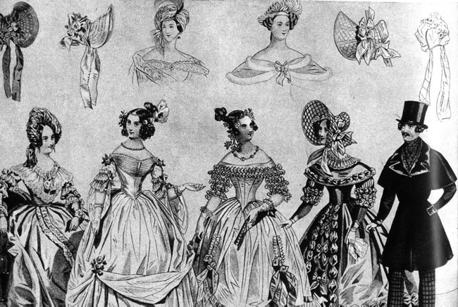 646. «Альгемайне Моденцайтунг» (Allgemeine Modenzeitung), 1837 г. В эпоху бидермейер и к выходным платьям носились шляпы «шуте» или тюрбаны, декорированные перьями, цветами и лентами. 