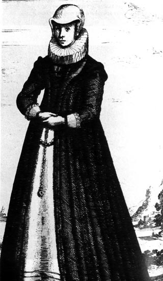 682. Вацлав Голлар, Цюрихская женщина на прогулке по городу. Гравюра. На голове у женщины белый чепец, вокруг шеи модный в XVII веке воротник «мельничный жернов». 