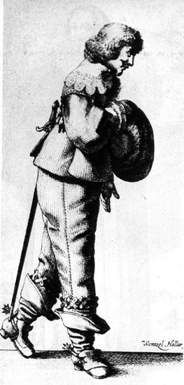 686. Вацлав Голлар, Здоровывающийся мужчина. Гравюра. У кавалера —отложной воротник с кружевом, типичный для эпохи около 1630 года. В Германии этот воротник назывался «шведским», потому что его носил Густав Адольф. На кавалере пиджак и длинные брюки, заправленные в сапоги с отворотами. В руках он держит шляпу, украшенную перьями, - а ля Рубенс. 