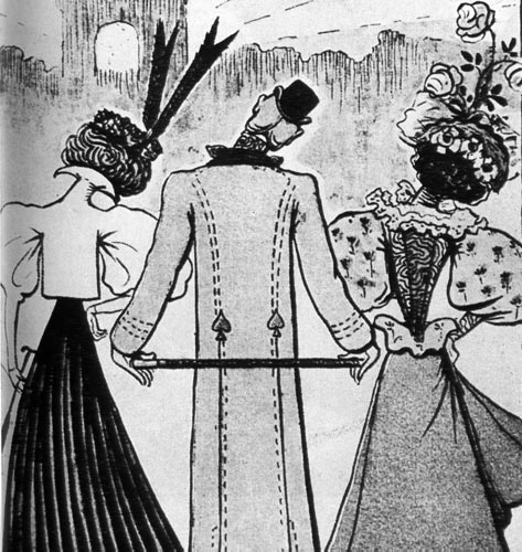 729. «Ле Рир» (Le Rire), 1896 г. Мужчина на рубеже столетия. Широкие рукава дамских платьев были часто объектом карикатур. В 90-е годы снова в моду вошли рукава присборенные и так наз. ветчинные (Keulen-, Shinkenarmel, gigot). 