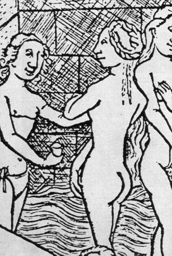 767. Мастер свитков, Купающиеся женщины Гравюра по дереву. В эпоху готики женщины купались обычно нагими. 