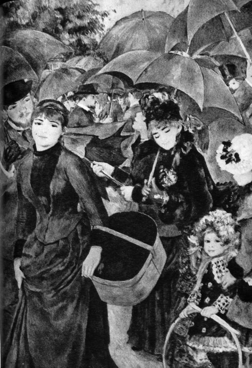 782. Огюст Ренуар, Зонтики. Национальная галерея, Лондон. В конце XIX века зонты уже не являются только кокетливой игрушкой. Они становятся больше и практичнее, но вместе с тем и менее декоративными. 
