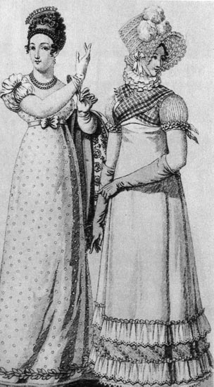 787. «Костюм паризьен», 1812г. Перчатки были неотъемлемой частью моды ампир, к одежде  с короткими рукавами носили длинные перчатки, закрывающие руку до локтя, а иногда и выше локтя. 