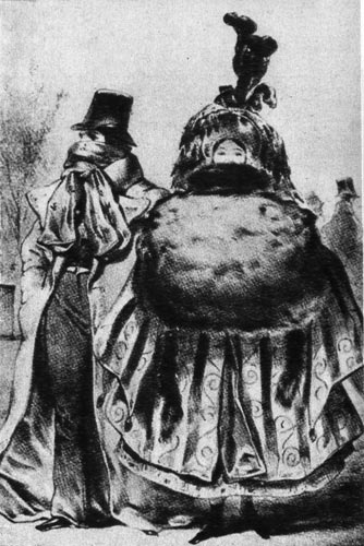 794. «Шаривари» (Charivari), Париж, 1833г. «Зимняя мода». Муфта огромных размеров и шарф, закрывающий половину лица, стали объектом карикатуры того времени. 