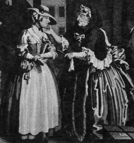 801. Томас Кук, Жизнь куртизанки. Гравюра на меди по Уильяму Хогарту. На девушке шляпа  с широкими полями и простое платье с фартуком. Пожилая женщина в чепце наклеила себе на лицо декоративные мушки. 