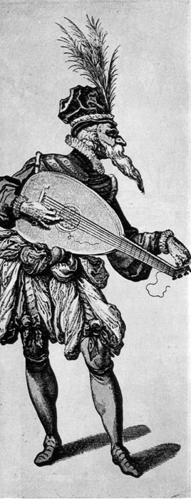 869. Якоб Гейн, Гитарист. Музыкант в маске, на нем жилет с воротником и манжеты в виде оборки; брюки-плундры с фантастическими разрезами, которые на коленях скреплены лентами. 