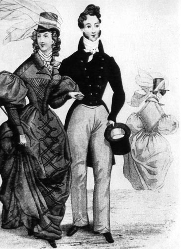 889. Из английского модного журнала, 1831 г. Дамский костюм для верховой езды в эпоху бидермейер дополняет цилиндр с вуалью; платье имеет шарообразные рукава. 