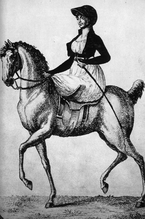 891. «Журнал де дам» (Journaldesdames) 1799. На амазонке батистовое платье, суконный жилет и жокейская шапочка. 