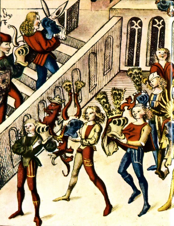 V. Пажи, несущие шлемы на празднике при дворе. Цветная иллюстрация из немецкой рукописи XV века. 